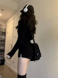 Kylethomasw Korean Simple V-neck Long Sleeve Slim Fit Black Tops Women+ Y2k Grunge High Waist Split Shorts 2024 Summer New Two Piece Sets