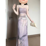 KYLETHOMASW  -  Sweet Purple Butterfly Printed Strap Camisole Dress for Women Summer Sexy Slim Fit Hip Wrapped Fishtail Long Dresses