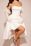 KYLETHOMASW  -  Sexy White Slash Collar Backless Midi Long Strapless Dress Women Pleated Folded Low Waist Pleated Ruched Hem Swing Party Robe