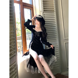 KYLTHOMASW  - Sweet Hot Girl Retro Sequined Velvet Dress for Women's Autumn and Winter Lace High Slit Mermaid Dress Fashion Female Clothes