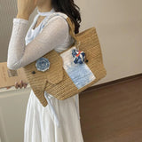 KYLETHOMASW  -  Cute Elephant Shape Straw Tote Bag Hand Woven Beach Bag With Blue Floral Decor Mini Elephant Pendant Handheld Shoulder Bag