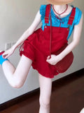 KYLETHOMASW  -  New Japanese Kawaii Women's 2 Piece Sets Vintage Y2k Blue Tops + Red Suspender Pants Fashion Female Chic Korean Popular Clothes