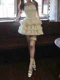 KYLETHOMASW  -  2024 Summer Elegant Sweet Party Dress Women Kawaii Design Bow Lace Mini Cake Dress Japanese Fashion Casual Short Dress Chic New