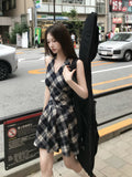 KYLETHOMASW  -  Vintage Y2k Mini Dress Women Casual Plaid Bow Sleeveless Vest Dress French High Waist Streetwear Style Dress 2024 Summer Fashion