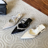 KYLETHOMASW  -  Spring CRYSTAL Pointed Toe Narrow Band Woman Pumps Sandals Elegant Thin Low Heels Slingbacks  Buckle Strap Female Shoes
