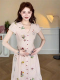 KYLETHOMASW  -  French Single Breasted Pink Long Dresses Women V Neck Short Sleeve A Line Dress Summer Chic Floral Print Vestidos 389A
