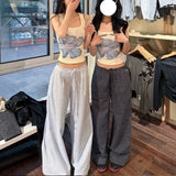 KYLETHOMASW  -  Summer Hot Retro American Lazy Style Straight Tube Loose Mid Low Waist Drawstring Plaid Casual Pants Women