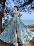 KYLETHOMASW  -  Summer Print Womens Dresses Elegant Casual Slash Neck Birthday Party Dress French Style A-line Split Vestidos Robe Femme Clothes