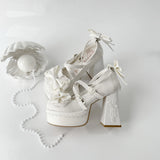 KYLETHOMASW  -  Lovely Girls Lolita High Heels Platform Shoes ,Young Women Students Sweet Pearl Lace Bowknots Embroidery Ankle Strap Mary Janes