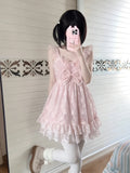 KYLETHOMASW  -  Summer New Girlish Sweet Lace Blouse Cute Bow Slim Kawaii Sling Dress Two-piece Set Women's Japanese Cute Cake Dresses Suit