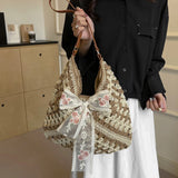 KYLETHOMASW  -  Women Straw Woven Tote Bag Casual Handbag Large Capacity Summer Crochet Shoulder Bag with Bow Patchwork for Outdoor Travel