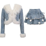 KYLETHOMASW  -  Sweet Hot Girl Suit Women's Autumn/winter Denim Patchwork Furry Short Coat A-line Skirt Two-piece Set Fashion Female Clothes