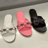 KYLETHOMASW  -  Summer Metal Buckle Strap Women's Sandals Round Toe Thin High Heels Breathable Female Pumps Peep Toe Slip-on Sexy Madam Slippers