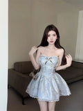 KYLETHOMASW  -  Evening Dresses Women Strapless Floral Lace Patchwork Bowknot Pearl Fairy Sweet Ball Gown Mini Cocktail Dress Birthday