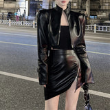 Kylethomasw Autumn New Streetwear Asymmetric Zipper Sexy Slim Black Mini Skirt Women + Casual Leather Long Sleeve Jacket Two-Piece Suit