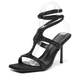 Kylethomasw Luxury Rhinestones Thin High Heels Women Ankle Strap Sexy Party Dress Shoes Open Toe Elegant Shiny Designer Brand Sandals Women