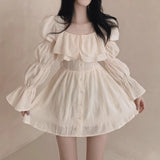 KYLETHOMASW  -  Women Dresses Puff Sleeve Solid Ruffles Square Neck Spring Autumn Vestidos Mujer Korean Fashion A-line Mini Dress