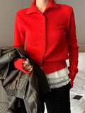 KYLETHOMASW  -   Vintage Red Sweaters Solid Knitted Loose Daily All Match Fashion Autumn 2024 Cardigans New Gentle Sweet Casual