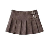 Kylethomasw   - Vintage Korean Retro High Street Pu Leather Low Waist Pleated Short Skirt Streetwear Fashion Skirt