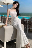 KYLETHOMASW  -  French Summer White Lace Sexy Club Slip Long Dress Women Yellow Backless Pleated Wrap Hip Fishtail Evening Dress 2025 Simplicity