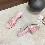 KYLETHOMASW  -  Fashion Flower Women Thin Heels Slides Sandals Shoes Square Toe Sexy Ladies High Heels Shoes Slip On Female Sandals Pumps