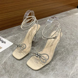 KYLETHOMASW  -  Women's Sandals Summer New High-heeled Square Head Open-toe Rhinestone Bow Buckle Sandals Casual Fashion Stiletto Sandals