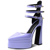 KYLETHOMASW  -  Red Black Patent Leather Pointed-Toe Platform Pumps Multi-Strap Design Gold Buckles Chunky Block Heel Elegant Looks for Women