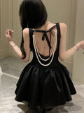 KYLETHOMASW  -  Korean Elegant Romantic Pearl Chain Backless Lace up Princess Mini Dresses Sweet A Line Dress Birthday Evening Party Clothes