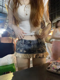 KYLETHOMASW  -  Fashion Street Lace Patchwork Denim Skirt for Women Vintage Hole Washed Low-waist Skirts 2025 Summer New Blue Faldas De Mujer
