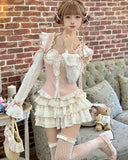 KYLTHOMASW  -  Sweet Ballet Style Cute Princess Skirt Sets Kawaii Ruffled Patchwork Long Sleeve Shirt High Waist Bubble Skirt Two-Piece Set