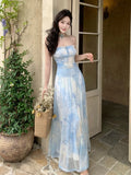 KYLETHOMASW  -  Holiday Beach Vintage Printed Backless Long Blue Dress Women Summer Spaghetti Strap Elegant Fairy Dress Evening Party Dresses