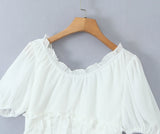 KYLETHOMASW  -  Sweet White Embroidery Hollow Out Hole Splice Lace Elastic U Collar Short Sleeve Shirt Women Center Buttons Slim Crop Tops