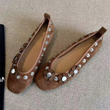 KYLETHOMASW  -  Brown Metal Button Flower Decoration Ballet Flats women Faux Suede Design Loafers Elegant Comfortable Mary Jane Shoes for Women
