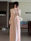 KYLETHOMASW  -  Pink Long Sleeve  Knot Maxi Dress Women's High Waist Gentle Style Spring Autumn Long Skirt A-Line Dress Korean Style