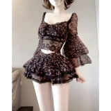 KYLETHOMASW  -  French Elegant Floral Lace 2 Piece Set Women Layered Ruffle Crop Top High Waist Mini Skirt Slim Fit Party Date Night Outfit