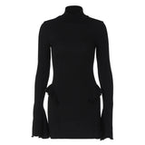 KYLETHOMASW  -  New High Collar Long Sleeve Ruched Sexy Mini Dress Women Fashion Fall Elegant Ruffles Club Party High Waist Solid Dresses