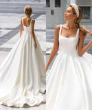 Kylethomasw Square Neck Wedding Dresses  Long Satin A Line Court Train Beach Bridal Gowns for Women