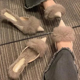 KYLETHOMASW  -  Women High Heel Shoes Fur Slippers Mules Pointed Toe Furry Slides Fashion Elegant Luxury Designer Flip Flops Office Pumps