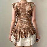KYLETHOMASW  -  Sexy Flirty Deer Print Ruffled V-Neck T-Shirt with Asymmetrical Hem Women's Top