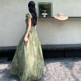 KYLETHOMASW  -  Elegnat Evening Party Wedding Birthday Dress for Women Summer V Neck Short Sleeve Print Floral Chiffon French Beach Long Dress
