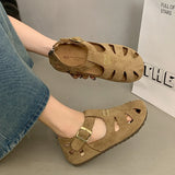KYLETHOMASW  -  ONG Genuine Leather Hollow out Flat Roman Sandals Versatile Casual Cage oes mid Heel round Toe Summer Faion Women's oes