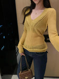 KYLETHOMASW  -  Korean V Neck Long Sleeve Solid Slim All Match Hollow Out Knitted Casual T-Shirts