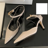 KYLETHOMASW  -  Sexy Patent Leather Pointed Toe Buckle Strap Slippers Women Fashion Thin Heels Wedding Dress Mule Shoes