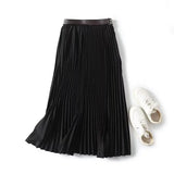 KYLETHOMASW  -  Fashion Office Ladies French Minimalist Leather Waist And Pleated Skirt Women A-line Midi Skirts Womens