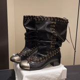 KYLETHOMASW  -  Vintage Thick Heel Women Knight Boots Fashion Ladies Metal Buckle Pleated Motorcycle Mid Calf Booties