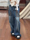 KYLETHOMASW  -  American Y2k Pocket Loose Jeans for Women Streetwear Low-waist Embroidery Denim Pants New Loose Straight Wide Leg Pants