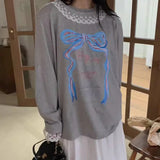 KYLETHOMASW  -  Korean Temperament Bow Letter Printed T-shirt Women Spring New Patchwork Lace Edge Long Sleeved Top