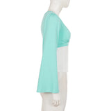 KYLETHOMASW  -  Autumn Korean Color Blocked V-neck Fake Two Piece Shirt Casual Flared Sleeves Spicy Girl Slim Fit Tee Y2k Harajuku Top 여성 반팔 니트