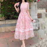 KYLETHOMASW  -  French tulip flower sweet temperament floral square neck long dress summer large size high waist thin gentle style dress