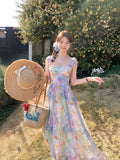 KYLETHOMASW  -  Women's Summer Long Princess Dress Butterfly Strap High Waist Oil Painting Floral Fairycore A-line Midi Sundress Female